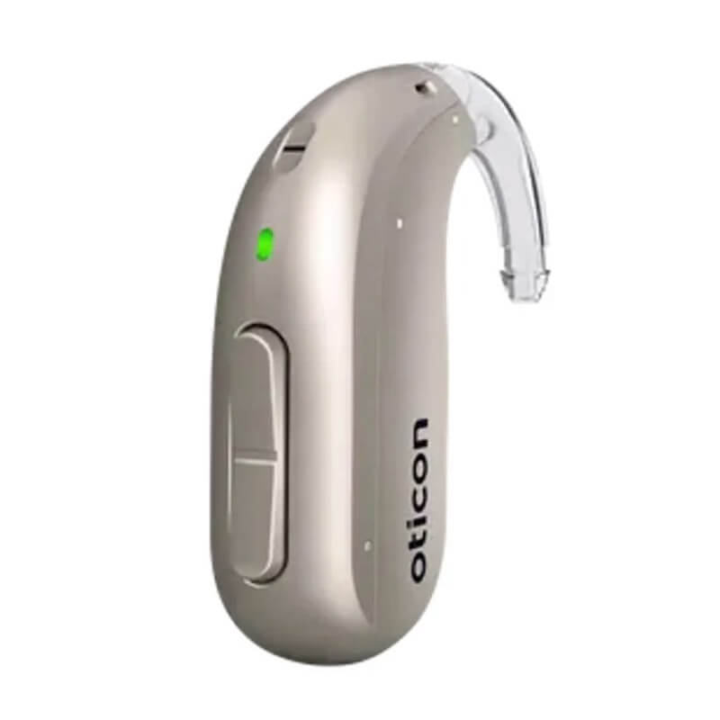 Behind-The-Ear (BTE) | Available in two styles:
Rechargeable for those who want a charge-and-go lifestyle
Oticon Verit for those who prefer a traditional hearing aid powered by non-rechargeable batteries