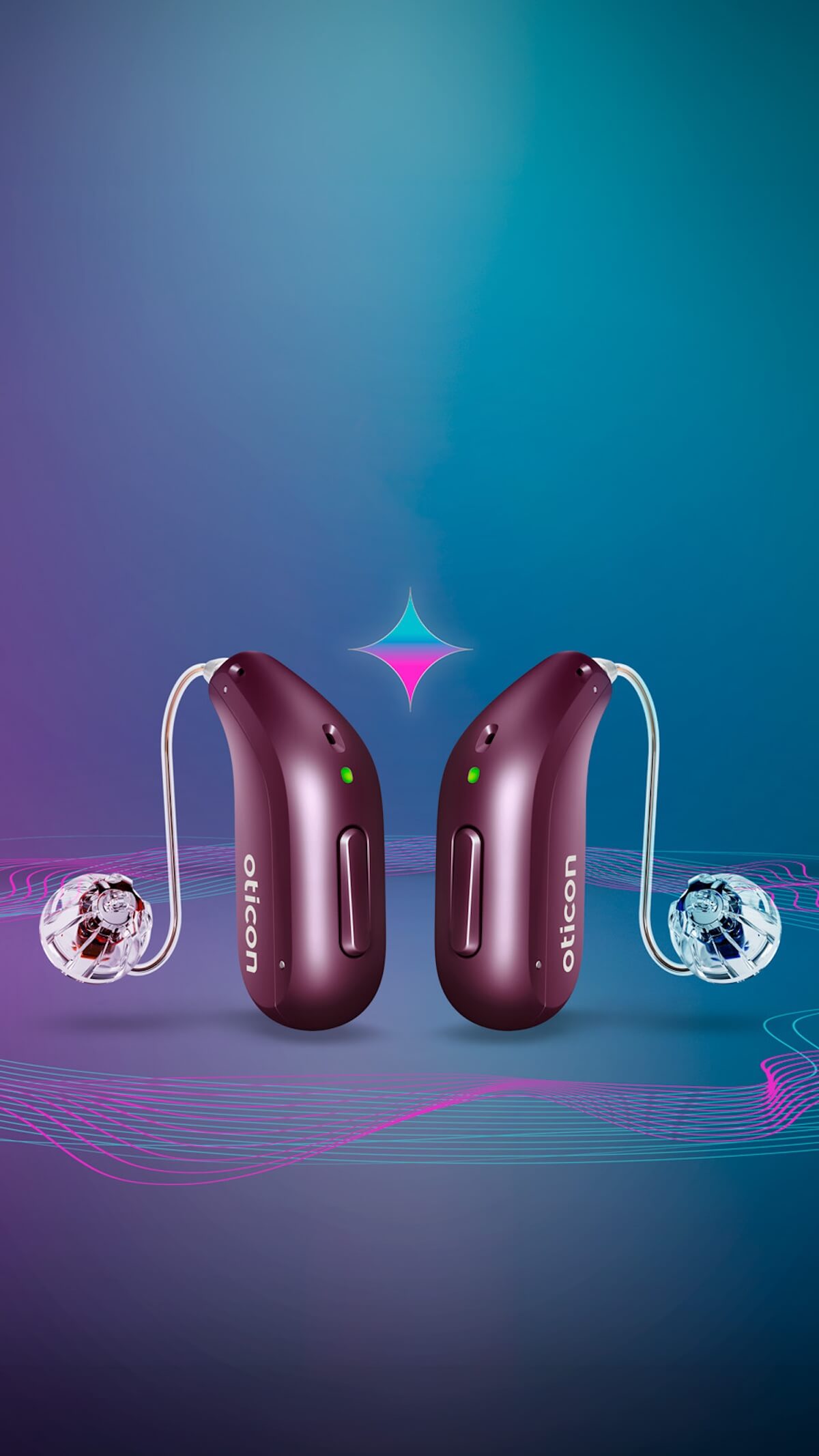Pair of Oticon Reveal miniRITE hearing aids with dual AI sound waves